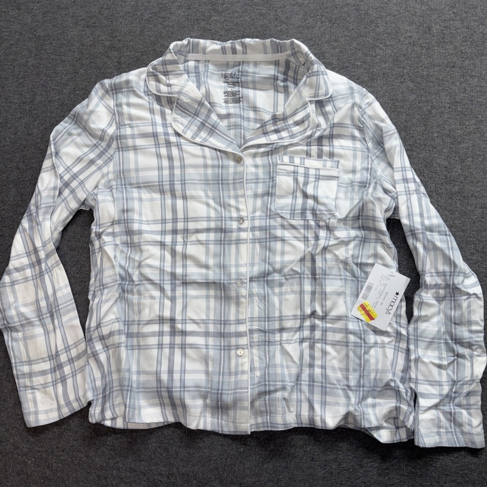 Women's button-down pajama top by Roudelain in a‎ white and gray plaid Large
